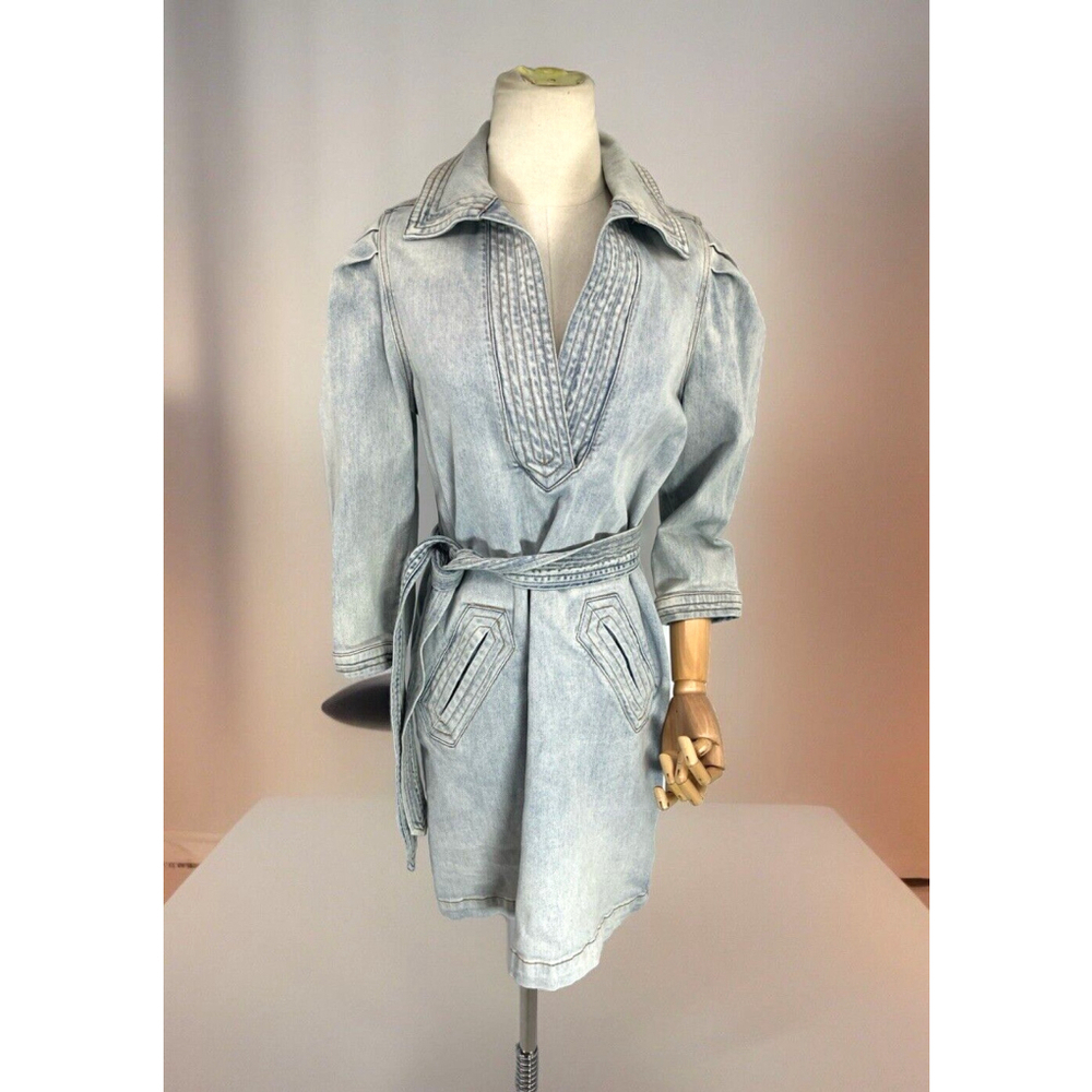 Current/Elliot Denim Jean Dress Puff Sleeve Size 1 Small Blue Light Wash Belted‎